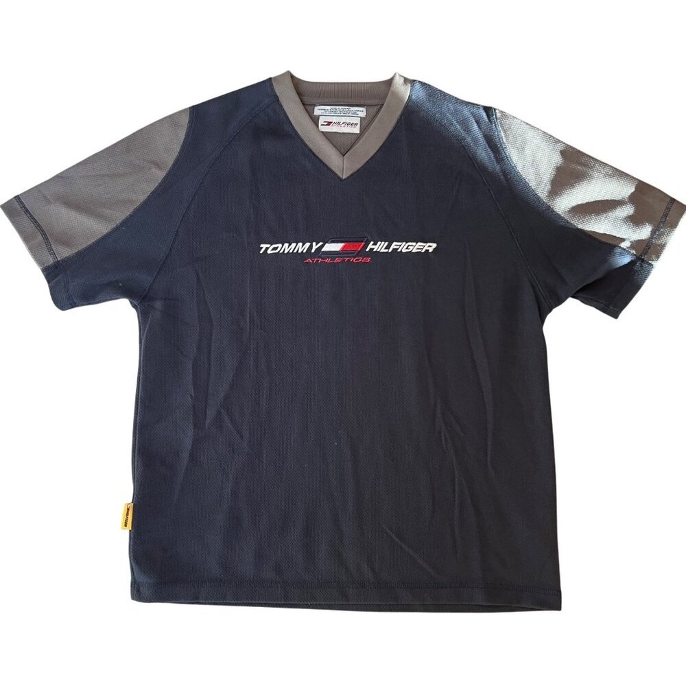 Vintage 90s Tommy Hilfiger Athletics Mens V-Neck Mesh Shirt Size M Black & Gray